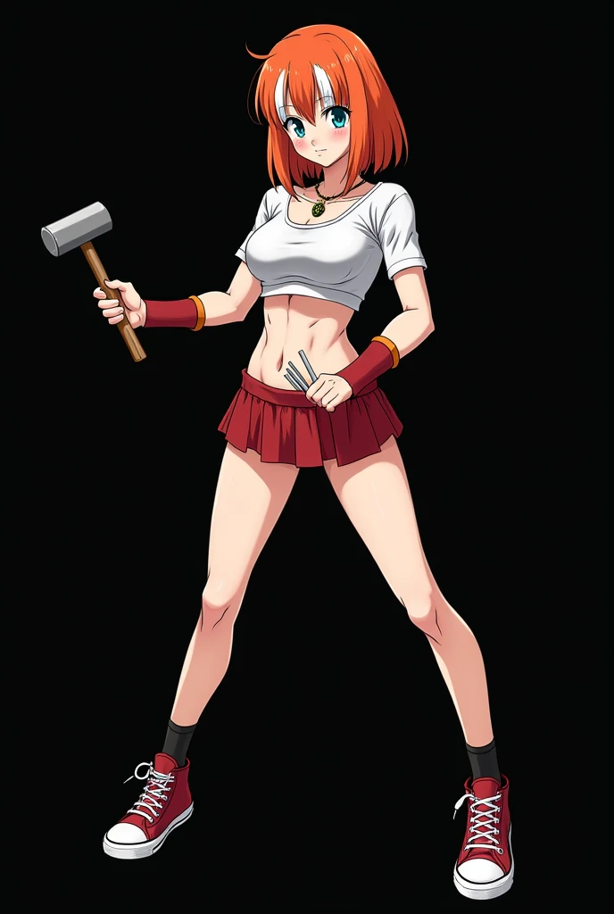 A full body image of an 1 girl named Hana Watanabe, personagem do anime "dragonball z", she is very beautiful, with medium length straight fire-colored hair with two white highlights in the front, framing your face. She has blue-green eyes and pale skin.. she is a Wiccan, she is in fighting pose. she wears a pentagram necklace, croped, glued skirt, beautiful women's high-top shoes and ¾-long socks, she holds a nail hammer and small nails. It is drawn with Akira Toryama's animation. black backdrop.