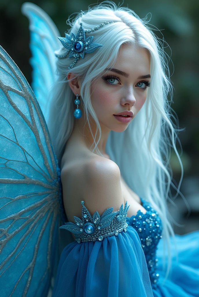 A fairy woman with water aesthetic. She has white hair on the roots with a dark blue hair in the length. Her eyes are blue and her wings are white with a blue iridescent hue. She wears a blue princess dress. Fantasy aesthetic. Realistic artstyle.