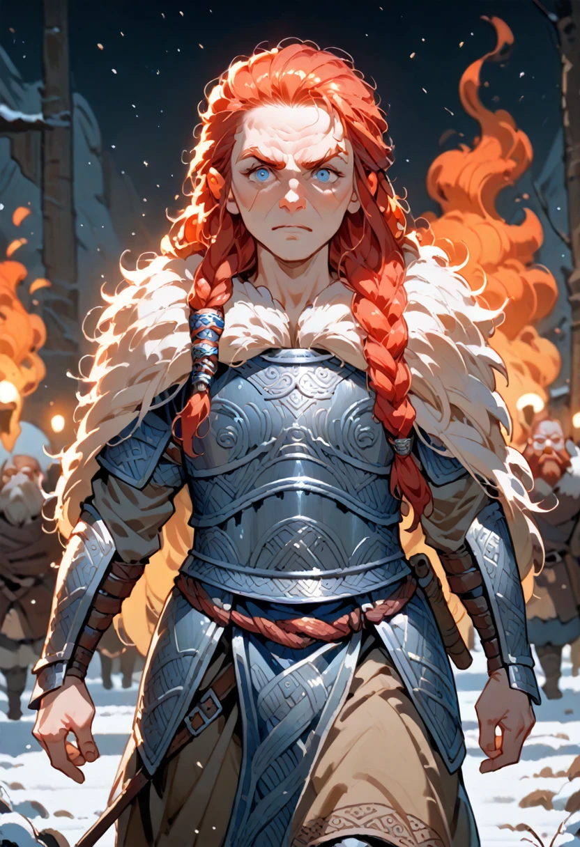 1girl, masterpiece, a viking (((dwarf))), walking, (((adult))) woman, red hair, braided hair, blue eyes historical (((Viking fur armor))), a heavy wool cape flowing in her back, a Norse village during winter in the background, heavy post-process effects, warm firelight, glow, looking at viewer 