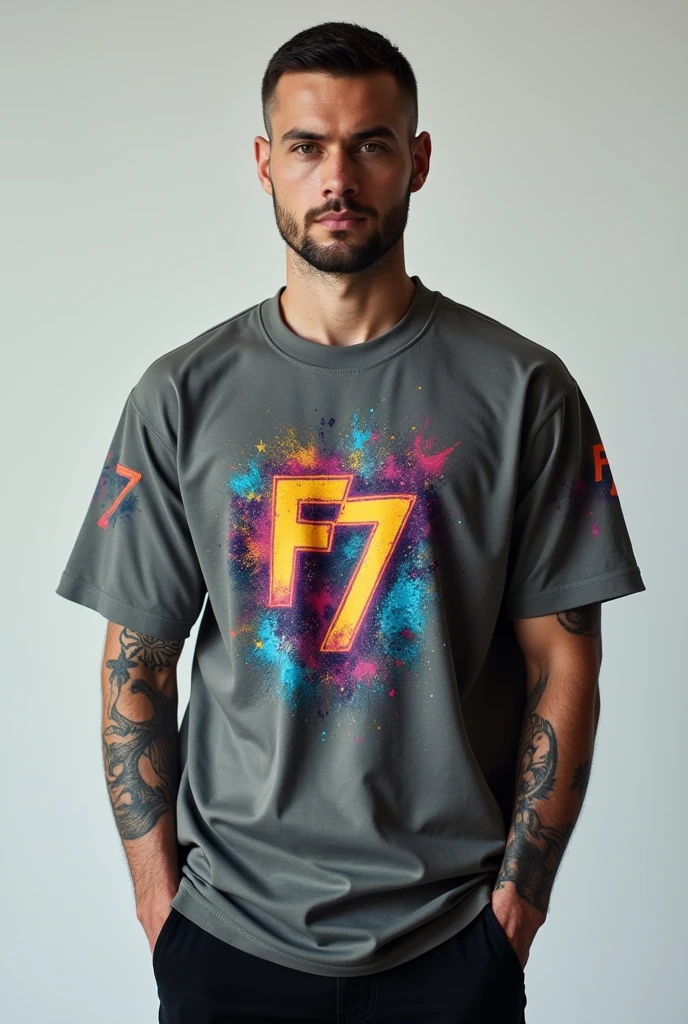 Take 2 photos of a shirt that has an f7 on the chest on the front and an f7 in graffiti on the sides, an incredible design. 