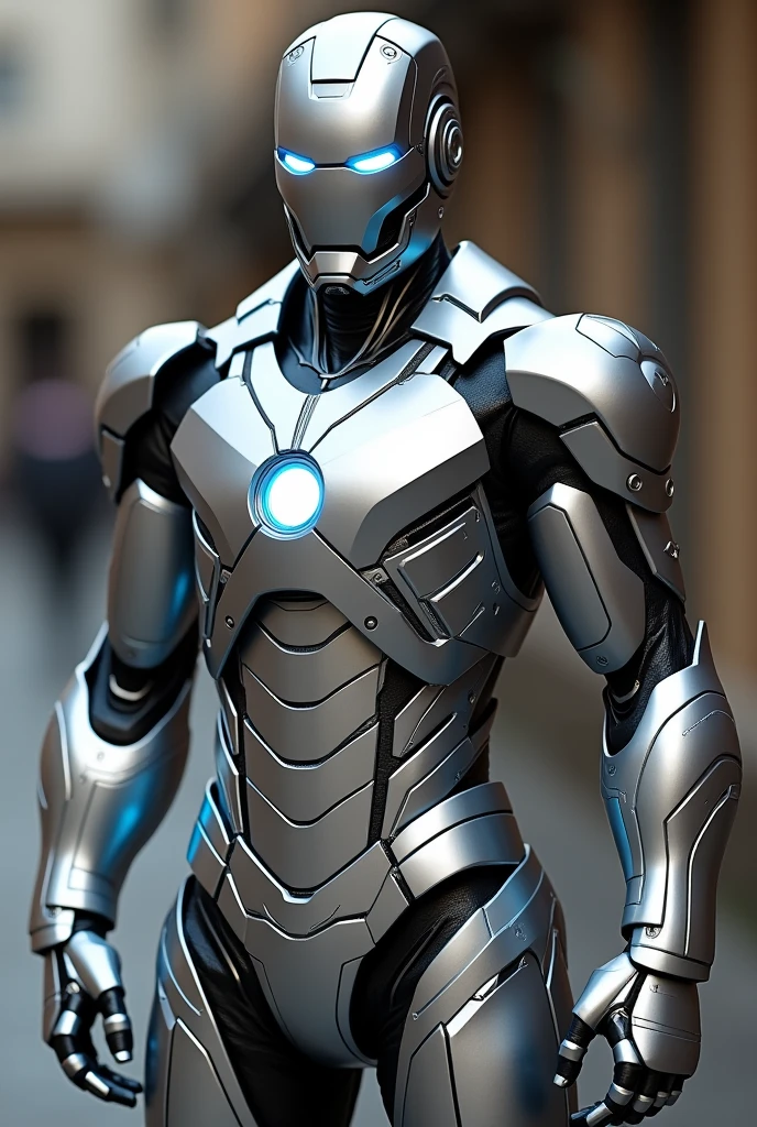Image Description: Imagine a highly advanced armor, with a silver, metallic finish that shines under the light. The surface is smooth and well polished, refletindo o ambiente ao redor, almost like a mirror. The design is aerodynamic and elegant, with contours that follow the shapes of the human body, but with a futuristic touch that suggests strength and agility.
The joints are well defined, allowing full mobility, while metal plates reinforce critical areas like the chest, shoulders, e pernas. In the center of his chest, there is a luminous arc reactor, emitting a soft, steady white light, which contrasts with the silver shine of the armor.
The mask's eyes also emit a white light, suggesting the presence of advanced technology behind the lenses. The armor is designed to be both a piece of cutting-edge technology and a work of art., symbolizing Tony Stark's genius and his vision for the future.
