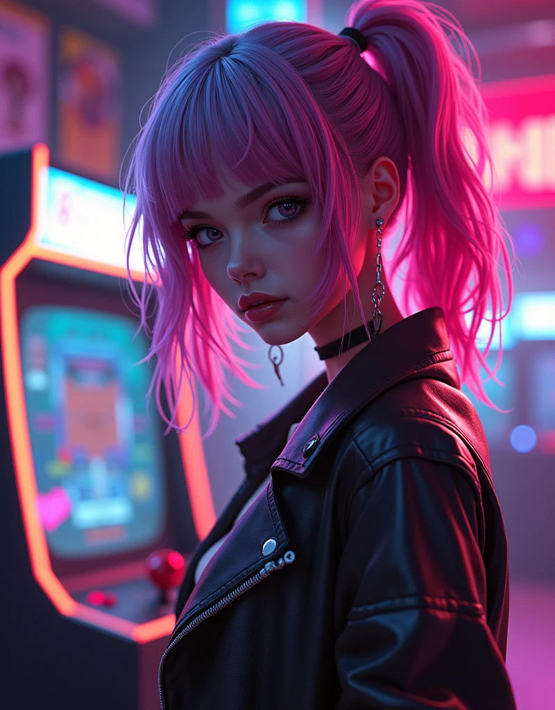 (((Anime:2.0)) A cyberpunk girl with 80s style neon hair, (retro video game aesthetic), nostalgic ((arcade cabinet)), bright neon colors, dynamic pose, highly detailed, anime, 8k CGI, cinematic lighting, vibrant, more detail, enhanced, poakl