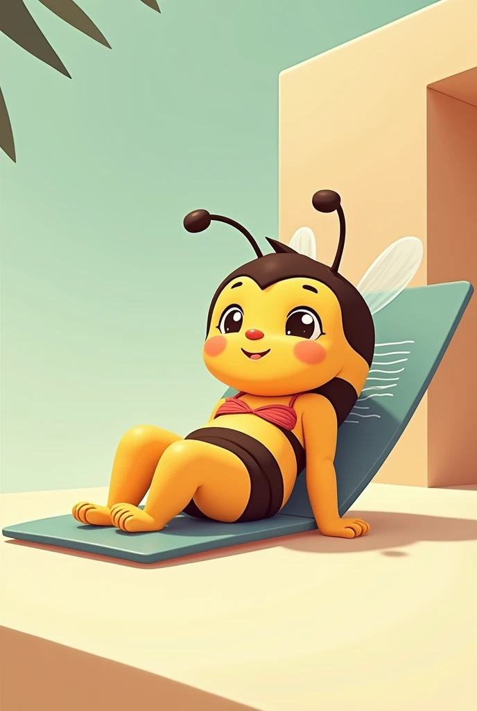 A bee wearing a bikini, in a tanning space. Minimalist and cartoonish style. It has to be cute