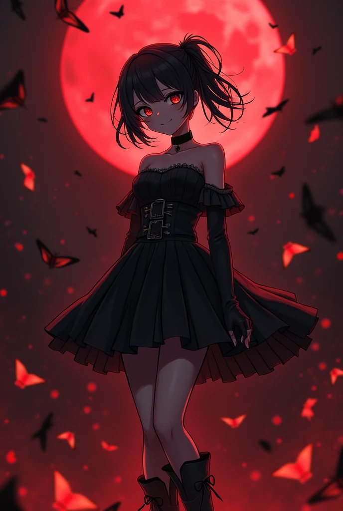 Upper body promotional artwork, alone, One girl, bangs, Black Hair, (Two Side Up Hair), black eyes with dark circles, eye shadow, compensate, smile, Yandere, skinny, Exposing shoulders, No sleeve, clavicle, Small breasts, Black choker, strap, Pleated black dress, belt, gloves, boots, Gothic Fashion, Thick thighs, Action pose, Dynamic pose, Flaming butterfly, Fascinating, whole body, feet, feet, so beautiful, Depths of Hell, Fantasy, amazing, Very detailed, Black and Red Theme, Fire light, night, dark, Soft lighting, Fire Particles, full moon, Blood Moon,latex,shaded  face(eyes in shadow),evil grin,evil smile,