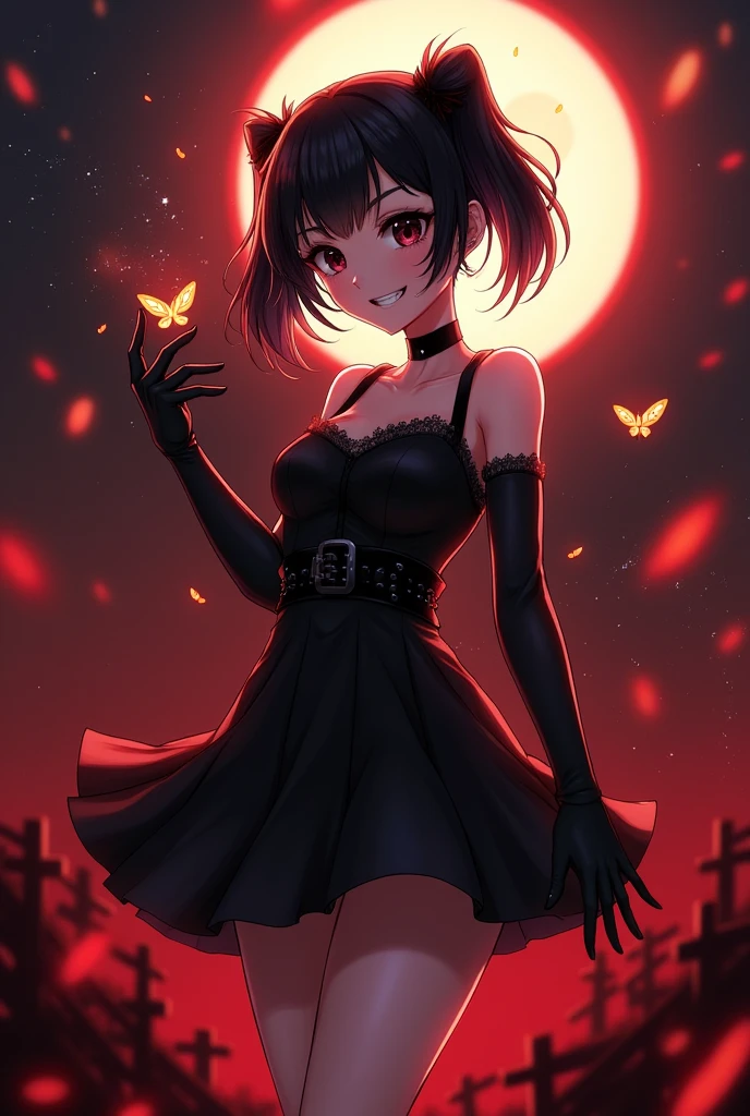 Upper body promotional artwork, alone, One girl, bangs, Black Hair, (Two Side Up Hair), black eyes with dark circles, eye shadow, compensate, smile, Yandere, skinny, Exposing shoulders, No sleeve, clavicle, Small breasts, Black choker, strap, Pleated black dress, belt, gloves, boots, Gothic Fashion, Thick thighs, Action pose, Dynamic pose, Flaming butterfly, Fascinating, whole body, feet, feet, so beautiful, Depths of Hell, Fantasy, amazing, Very detailed, Black and Red Theme, Fire light, night, dark, Soft lighting, Fire Particles, full moon, Blood Moon,latex,shaded  face(eyes in shadow),evil grin,evil smile,