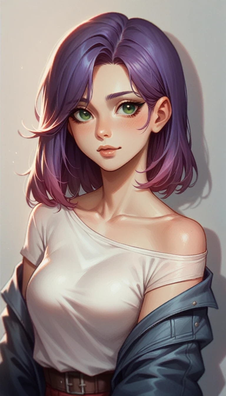 fanart style, Make one with all red, purple hair and green eyes and a cute outfit