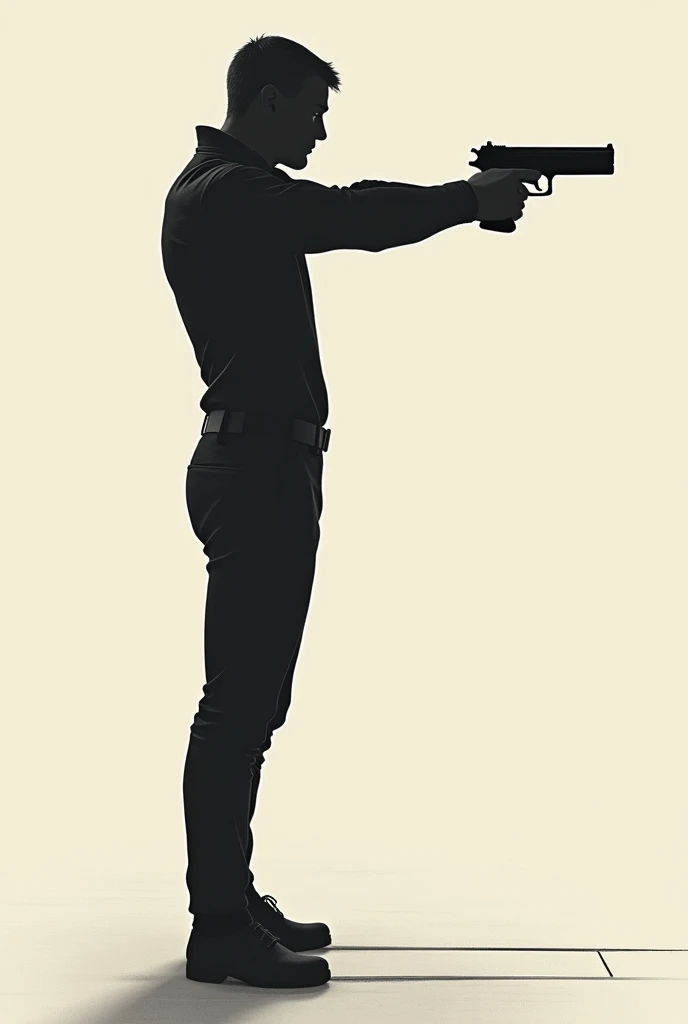 1. Posture 1.1 Foot Position Description: A shooter in a shooting position, Profile. Feet are shoulder-width apart, at a slight angle to the target. The floor can be indicated with a line or a simple pattern to show the solid base..
detaileds: Show a stable and aligned base, with a guideline to indicate shoulder width. 

holding a pistol 