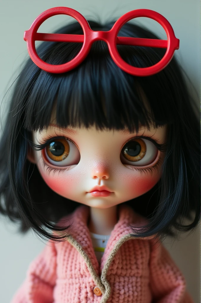 Make a blythe doll with semi-wavy black hair and long with red glasses, not very white skin and a mole on the chin and a doll with semi-wavy black hair and long with red glasses, not very white skin and a mole on the chin