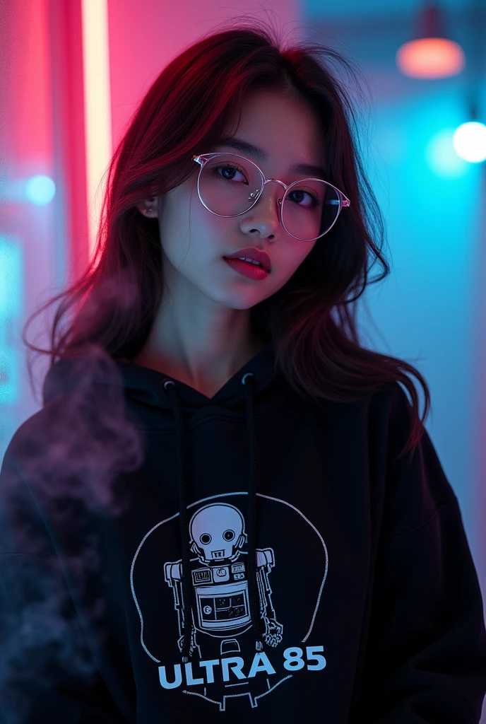 Beautiful 1 Indonesian girl. He wears a black hoodie, with a robot logo, and glasses. With a beautiful style like that of an Indonesian model. Divine Neon background and a touch of fine smoke. Shows "ULTRA 85". Detailed creation with bold font.