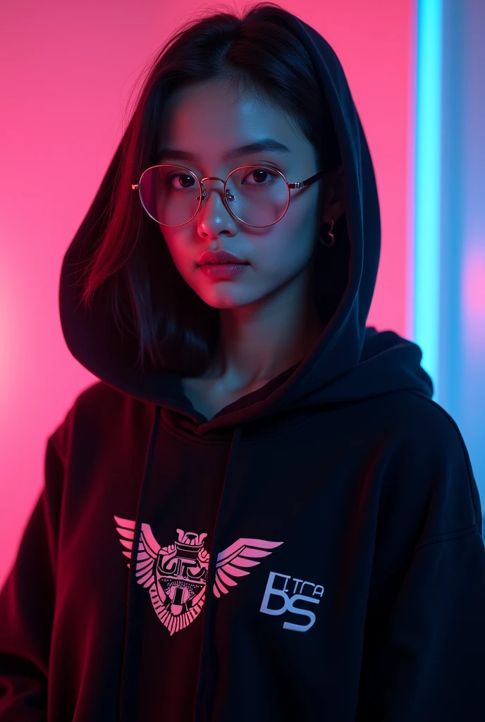 Beautiful 1 Indonesian girl. He wears a black hoodie, with a robot logo, and glasses. With a beautiful style like that of an Indonesian model. Divine Neon background and a touch of fine smoke. Shows "ULTRA 85". Detailed creation with bold font.