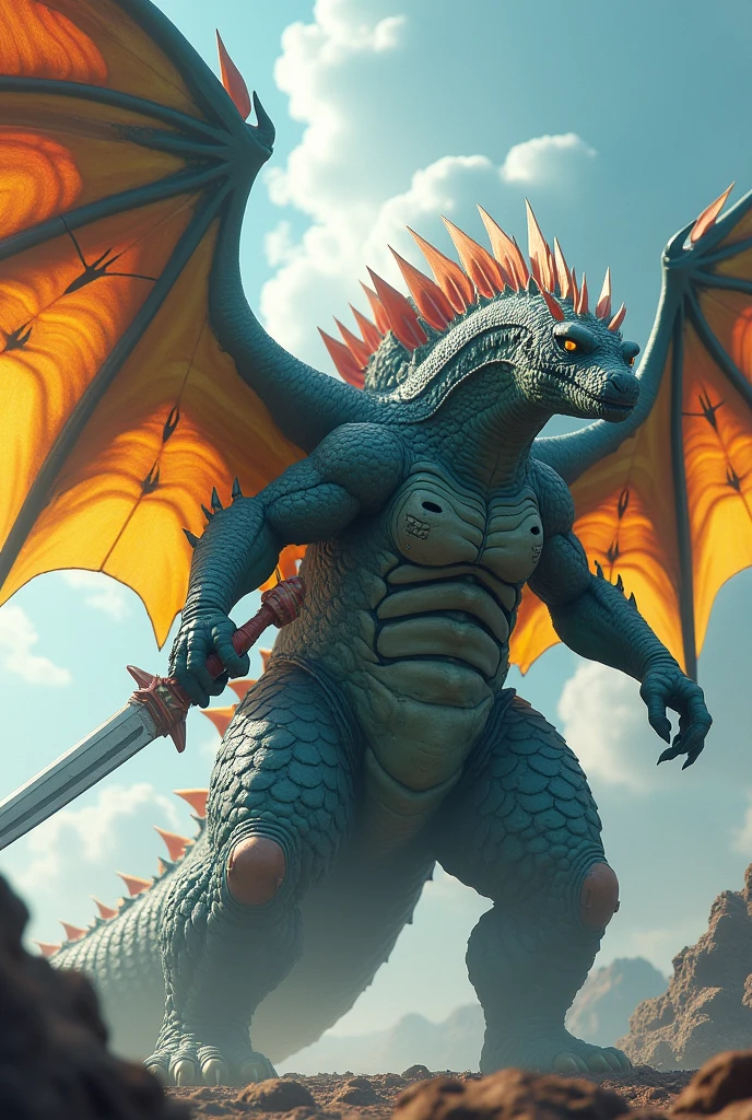 Godzilla with huge wings Yellow red feathers, with sky blue armor, black breastplate , light green belt, holding sword in left hand and shield in right hand.