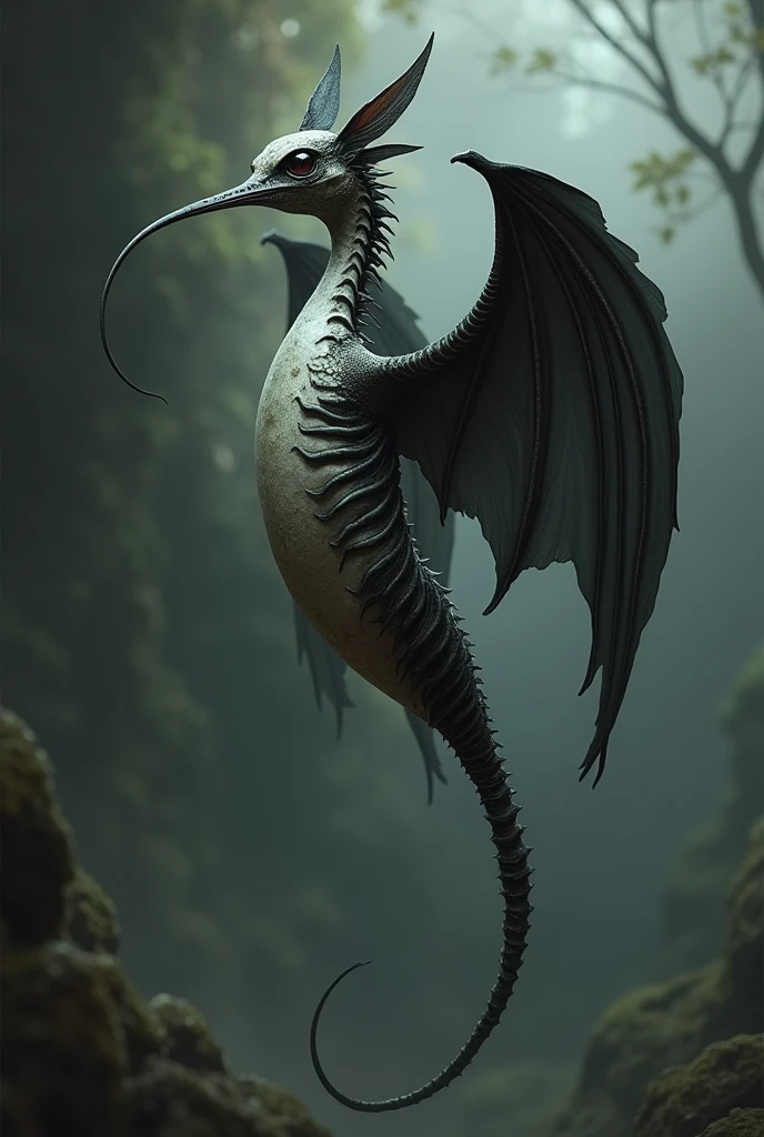 a hybrid animal, half hummingbird, half bat, Hummingbird head and tail but extremely thin and long trunk, dark bone-like. His stomach is more like a bone, long and thin, with black bat wings and an extremely long and thin tongue.