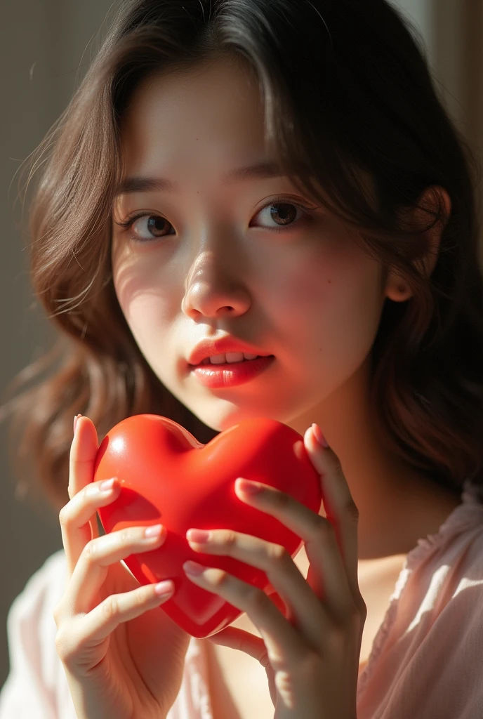 best qualtiy,tmasterpiece,Ultra-high resolution,(Fidelity:1.4),RAW photogr,1girll,love heart,cropped shoulders,cinmatic lighting。