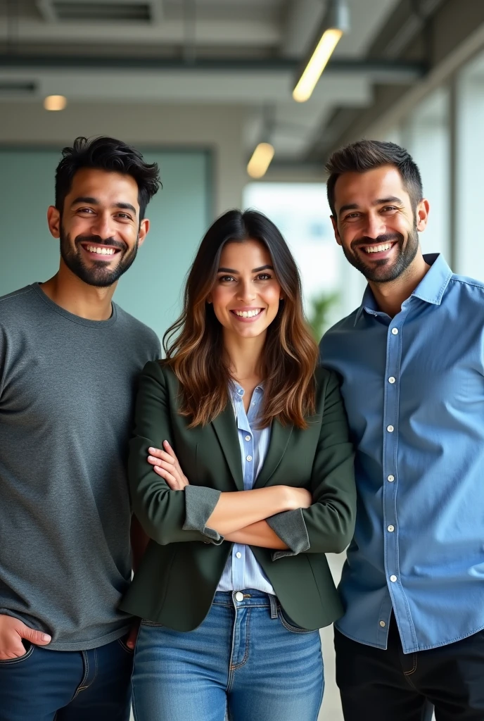 3 realistic software developers, looking at the camera happily, chileans, 1 woman in the center and 2 men, with arms crossed