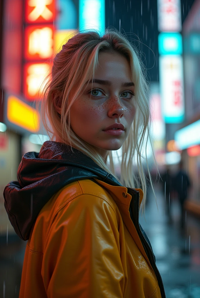 create an influencer,blonde hair,Scandinavian,light eyes,light brown skin, spotty, girl next door,detailed body to face, im Bett, 8k resolution,body should be completely visible,stands in rain in the city,tokyo,neon signs,rain jacket,paouze the head, looks sideways into the camera,in hot pants,cockbocstiefel an