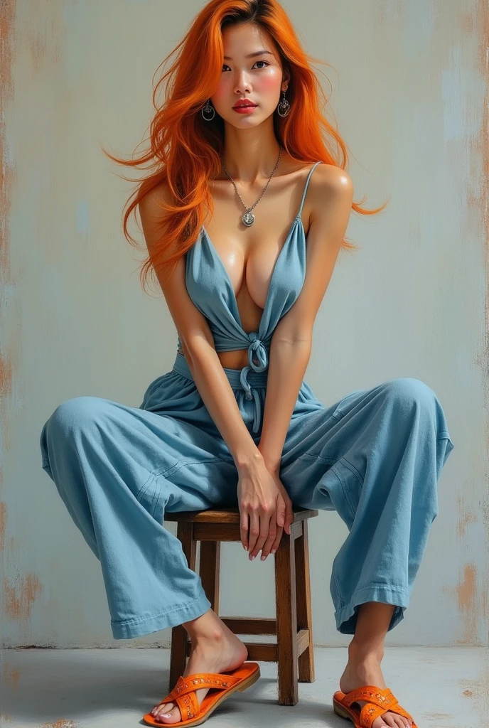 An abstract and dynamic oil painting featuring a dark tanned Asian woman seated on a stool, exuding casual elegance. She dons a linen ice-blue open top, ice-blue pants and orange sandals, her orange hair flowing elegantly around her face. Her direct eye contact with the viewer is accentuated by a subtle smile, while her delicate Asian jewelry adorns her wrists and ears and colossal breasts. The background is a muted gradient, allowing the intricate brushstrokes and textured details to take center stage, showcasing the artist's skill and creating a captivating and timeless portrait., painting