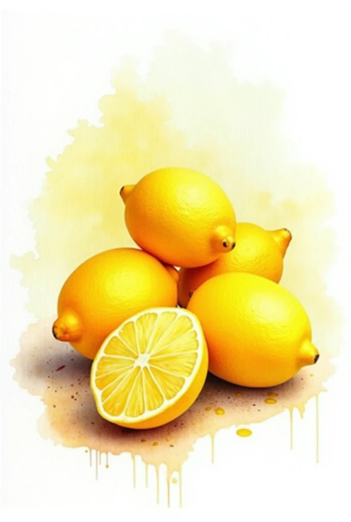 Create an image with a white background and several Sicilian lemons painted with watercolors. Print style 