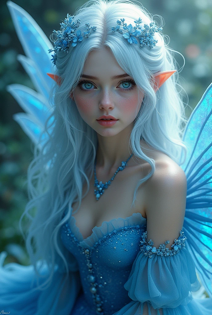 A fairy woman with water aesthetic. She has white hair on the roots with a dark blue hair in the length. Her eyes are blue and her wings are white with a blue iridescent hue. She wears a blue princess dress. Fantasy aesthetic. Realistic artstyle.