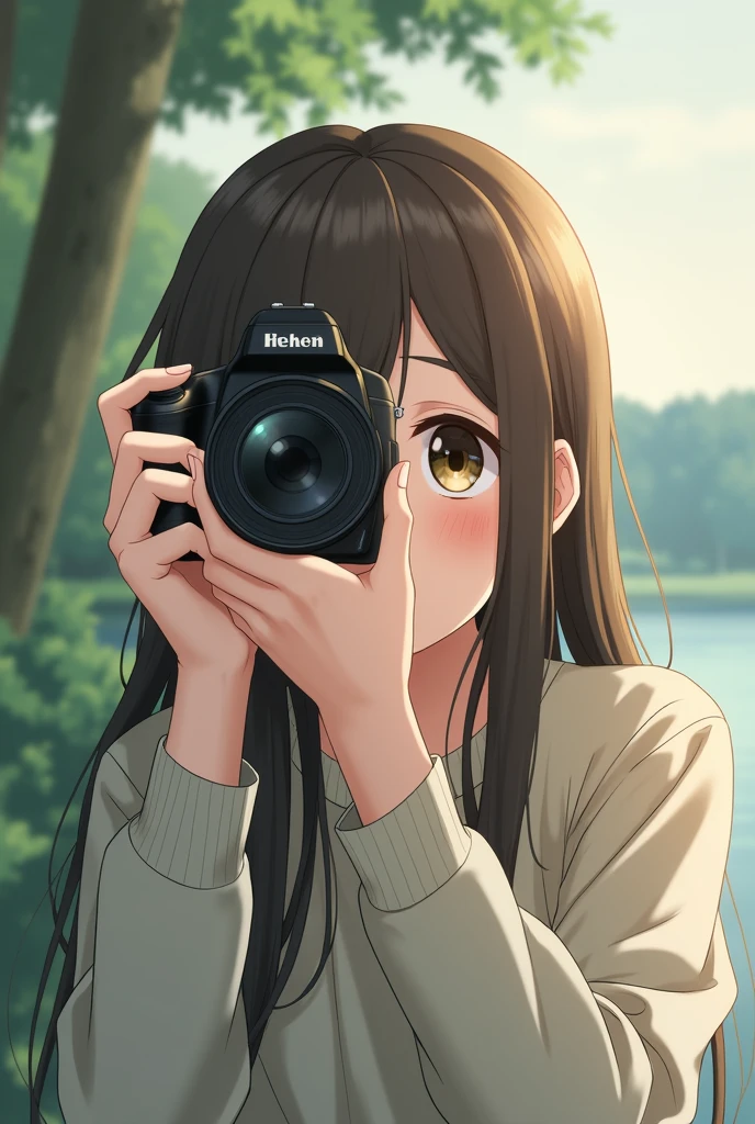  girl with long straight brown eyes and hair taking a photo without bangs and without covering her face 