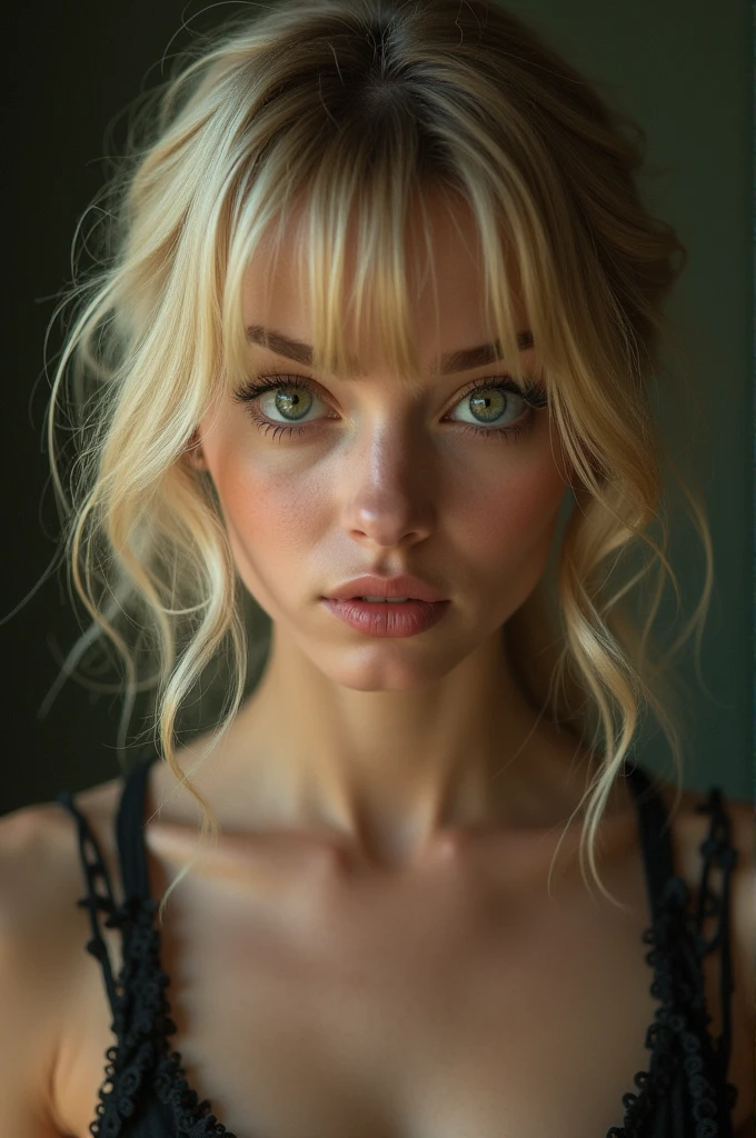 Young blonde woman bangs curtain green eyes small nose sexy