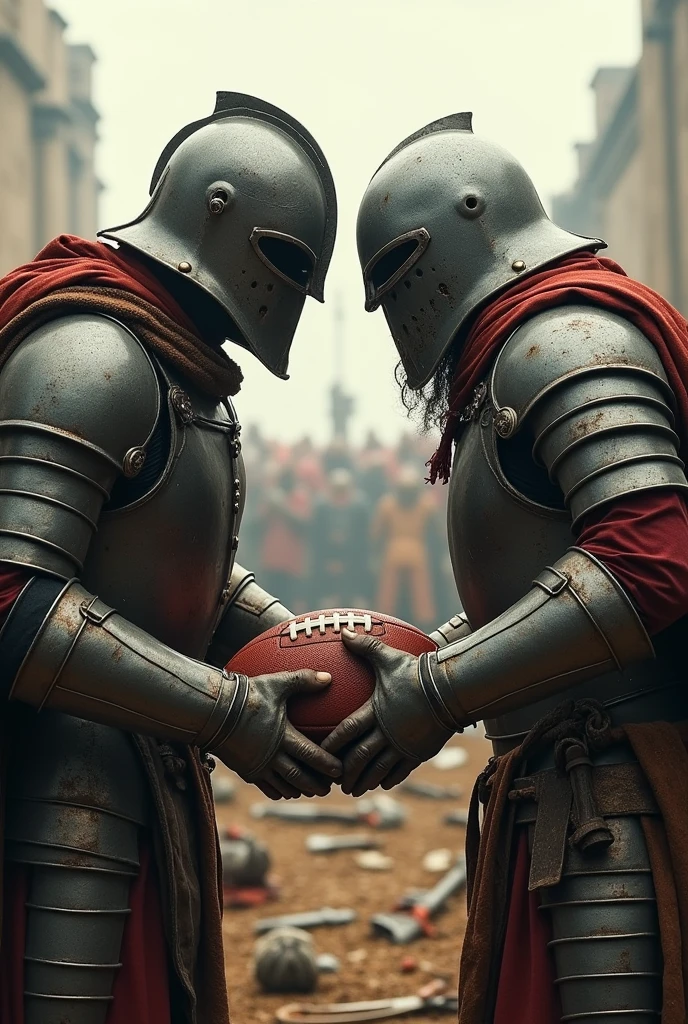 Two medieval warriors ,screaming in each other&#39;s faces ,holding a football 
