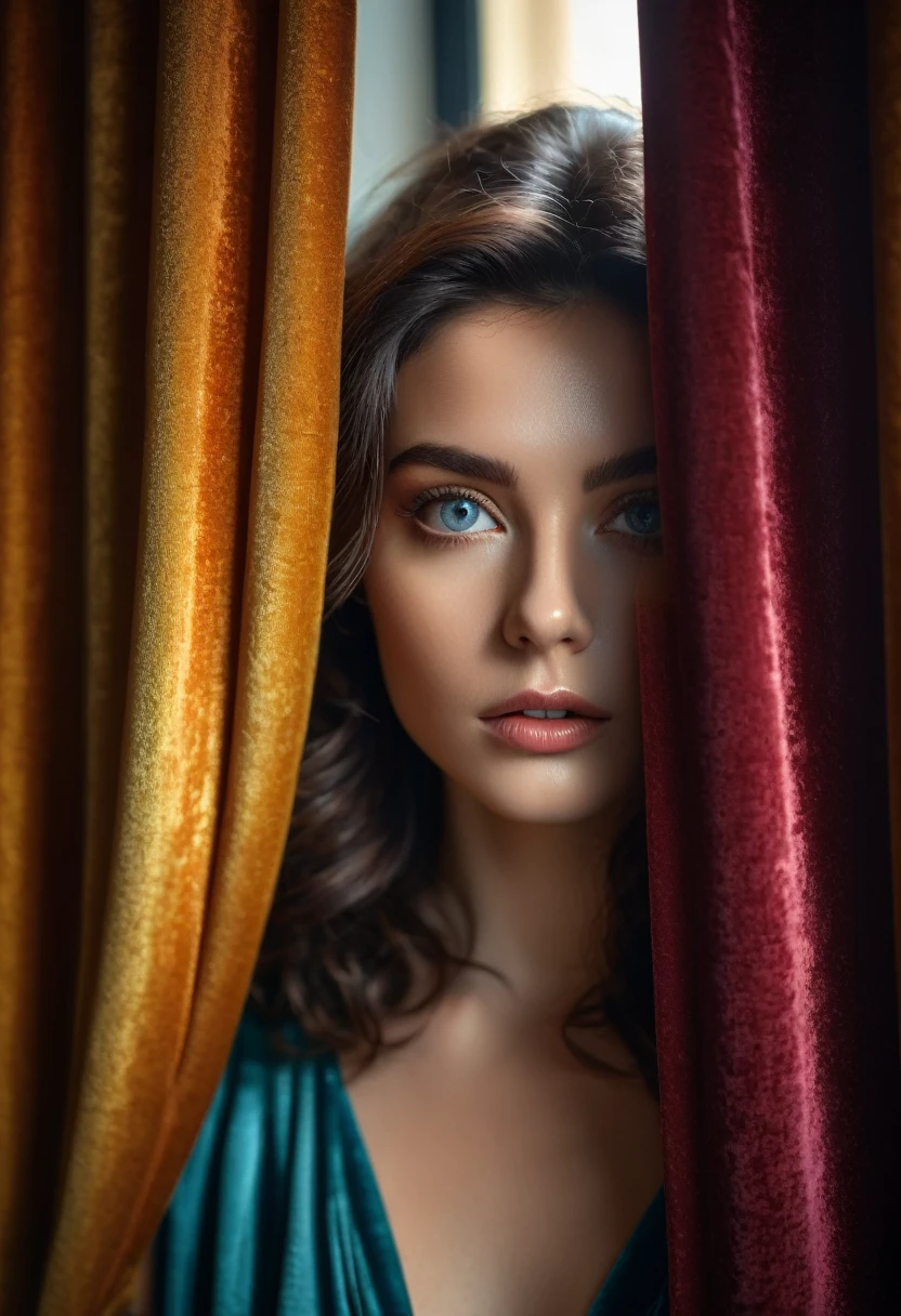 RAW photo, beautiful eyes, masterpiece, peeking out from behind the curtains, colorful details, award-winning, high detail, 8 K, daylight, analog film, detailed skin, stunning composition, complex parts, subsurface scattering, velvet hair, amazing textures, cinematic, chiaroscuro, soft light