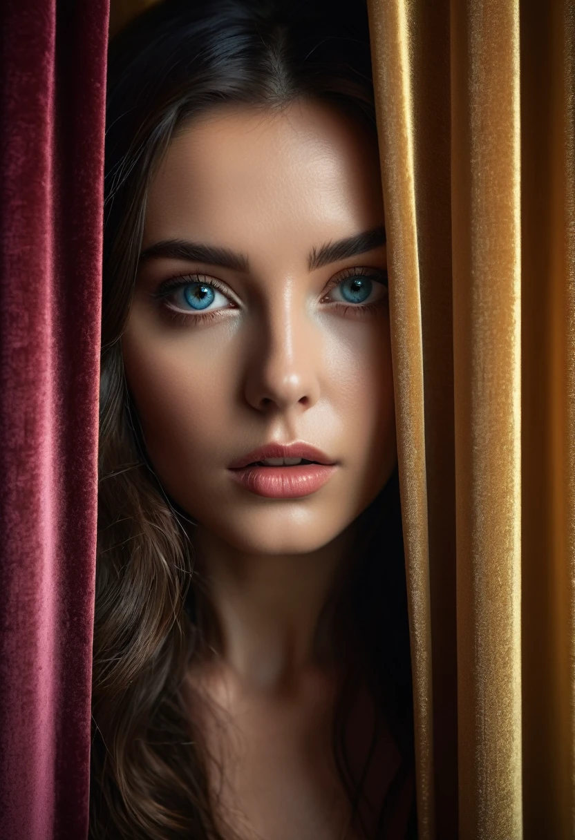 RAW photo, beautiful eyes, masterpiece, peeking out from behind the curtains, colorful details, award-winning, high detail, 8 K, daylight, analog film, detailed skin, stunning composition, complex parts, subsurface scattering, velvet hair, amazing textures, cinematic, chiaroscuro, soft light