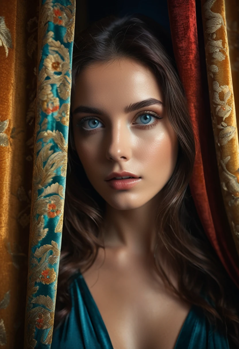 RAW photo, beautiful eyes, masterpiece, peeking out from behind the curtains, colorful details, award-winning, high detail, 8 K, daylight, analog film, detailed skin, stunning composition, complex parts, subsurface scattering, velvet hair, amazing textures, cinematic, chiaroscuro, soft light