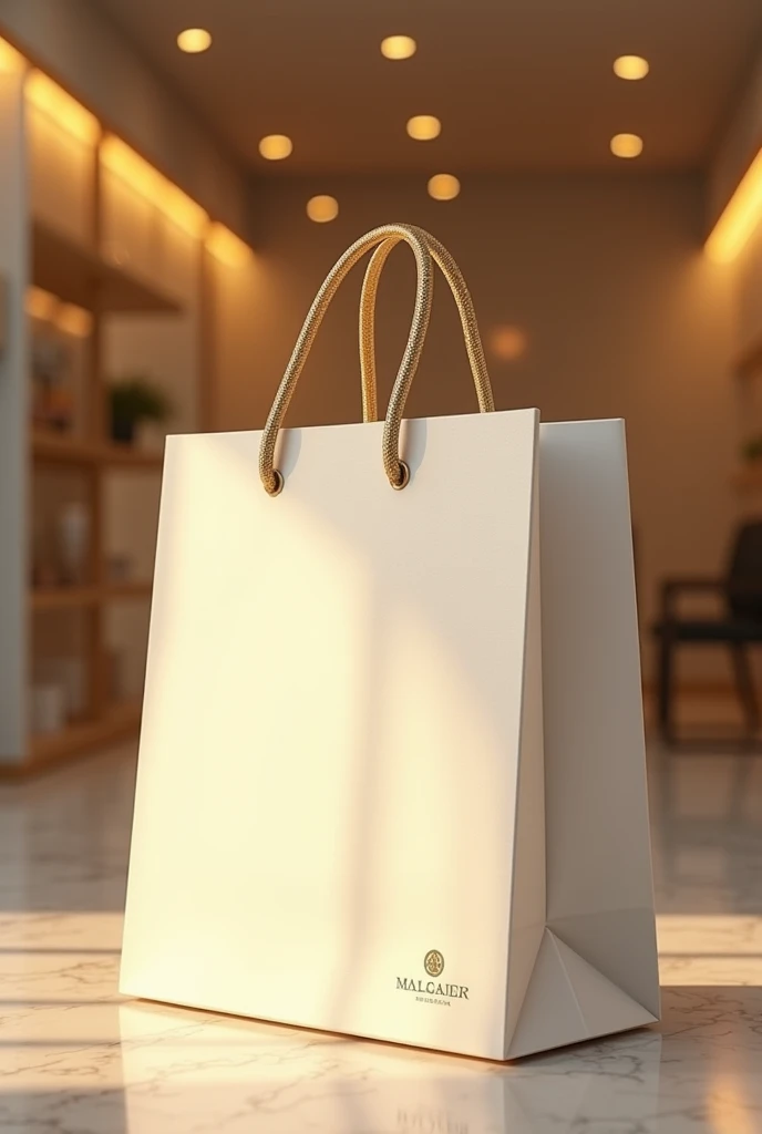 Create an image of a gleaming shopping bag in golden, white and beige tones, symbolizing craftsmanship and innovation. The shopping bag should be prominently featured against a minimalistic shop background, conveying a sense of anticipation and excitement. Include subtle hints of a shop or storefront in the background to suggest that we will soon be opening a store. Overall, the image should evoke a feeling of quality and readiness, inviting our audience to look forward to our upcoming launch