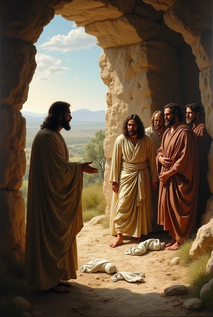 Jesus sending Lazarus out of the tomb and the disciples unwrapping him