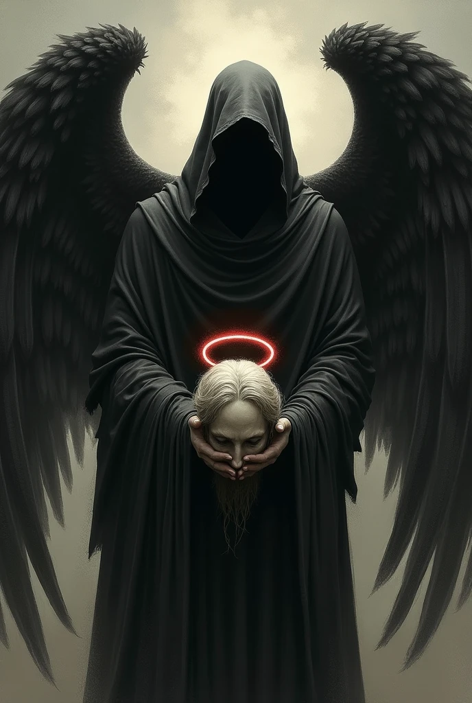 Death with aspect , dark and Machiavellian , black wings holding the head of a>> the head is angelic with a halo