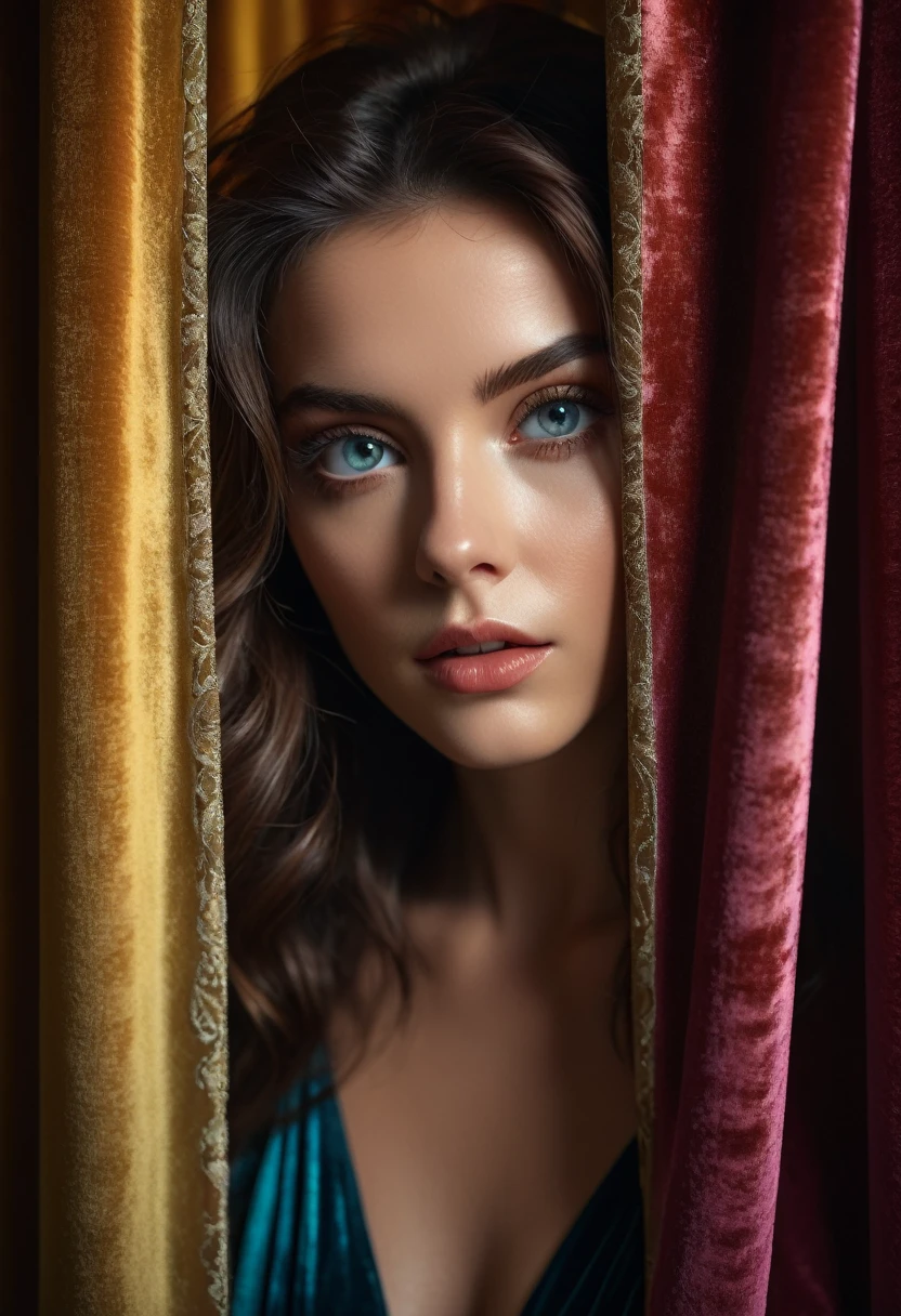 RAW photo, beautiful eyes, masterpiece, peeking out from behind the curtains, colorful details, award-winning, high detail, 8 K, daylight, analog film, detailed skin, stunning composition, complex parts, subsurface scattering, velvet hair, amazing textures, cinematic, chiaroscuro, soft light