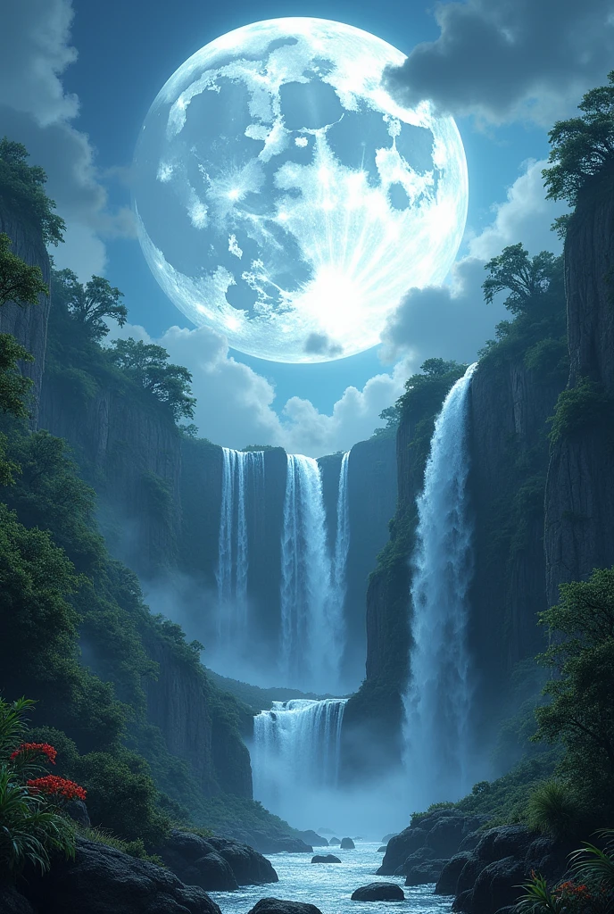 giant moon.about.waterfalls.With a lot of vegetation 