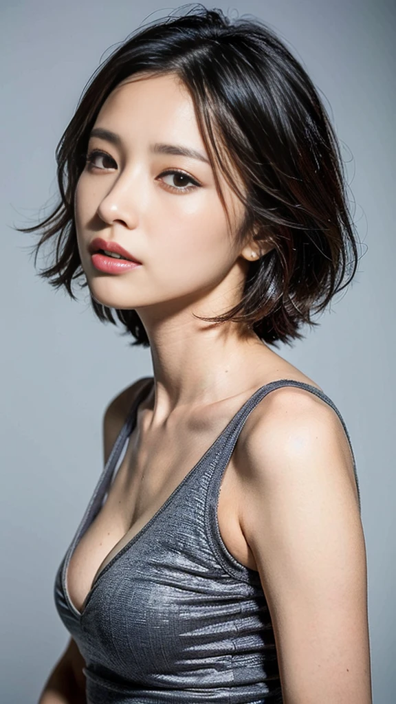 (Highest quality, 8k, 32K, masterpiece, Ultra-high resolution: 1.2), Japanese Beauty, big, Very short bob hair, Upper Body, Face Focus, Tight tank top, Tight Skirt, Simple Background, Viewer, Upward glance, big, Overflowing breasts