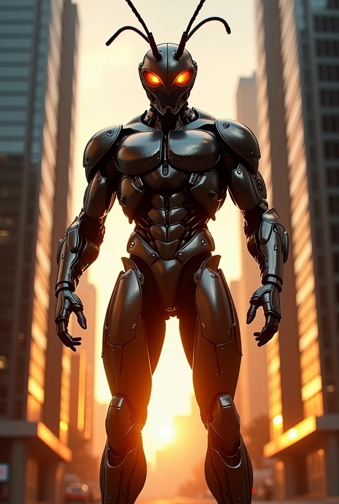 A fire ant man with a cyborg glossy costume standing between black and white buildings at sunset