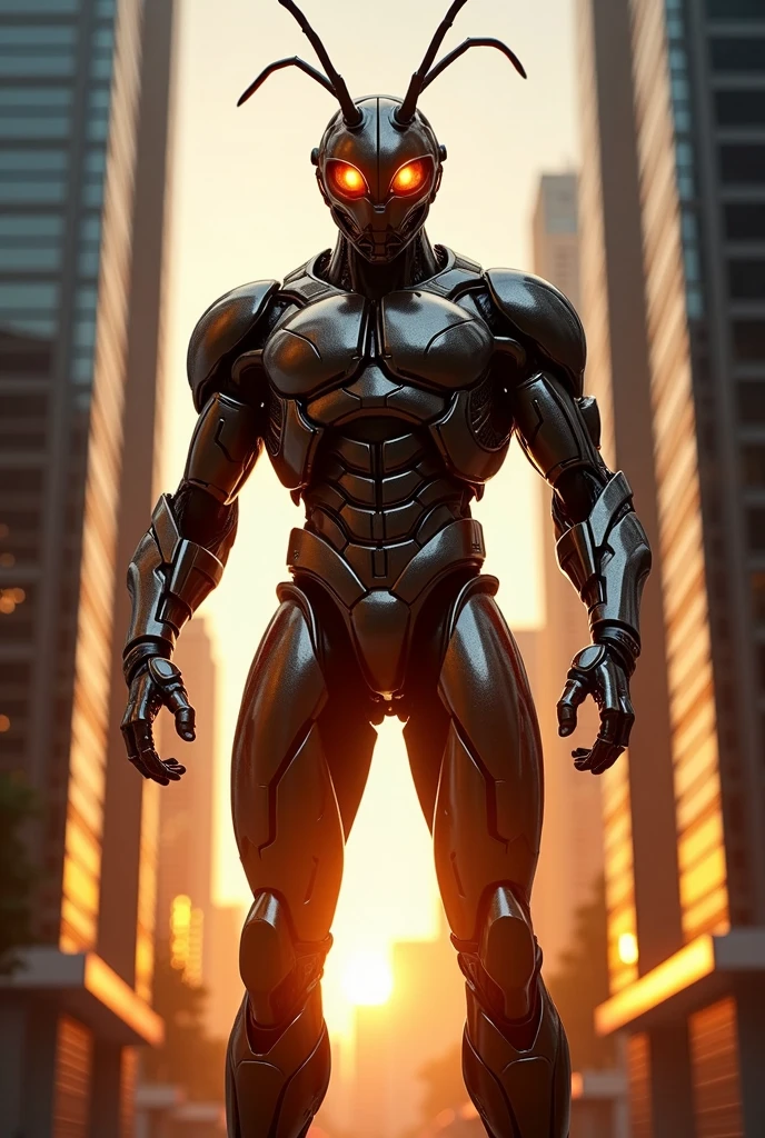 A fire ant man with a cyborg glossy costume standing between black and white buildings at sunset 