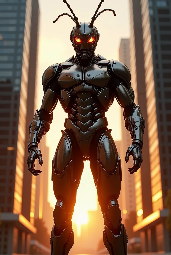 A fire ant man with a cyborg glossy costume standing between black and white buildings at sunset 