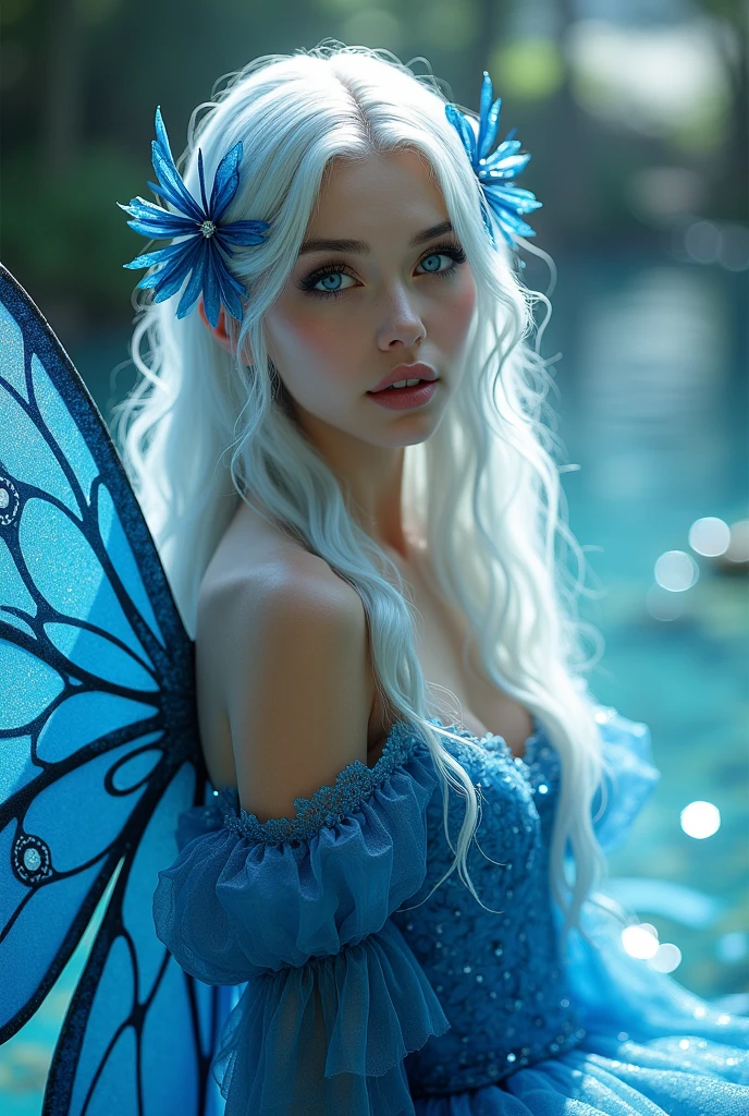 A fairy woman with water aesthetic. She has white hair on the roots with a dark blue hair in the length. Her eyes are blue and her wings are white with a blue iridescent hue. She wears a blue princess dress. Fantasy aesthetic. Realistic artstyle.