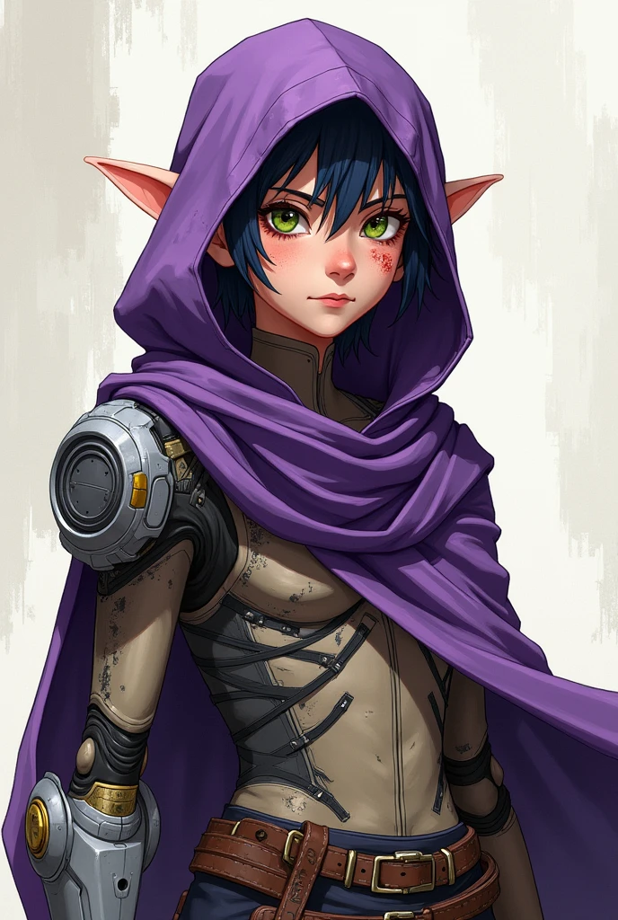 There is a skinny elf but not so much, He looks young, with noticeable scars on his face and there with a somewhat old and damaged combat suit with a bionic arm and has a purple hood and has an anime style