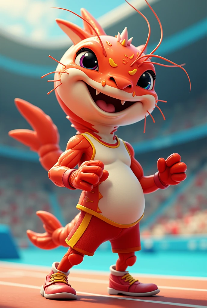 An adult sporty shrimp mascot making an athletic pose and with a friendly and cute face for the Olympics 
