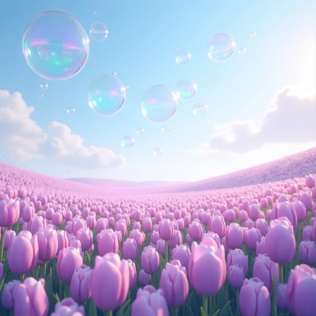 Spring field of colorful pastel purple tulips. Image should show the blue sky with purple clear bubbles floating around. 