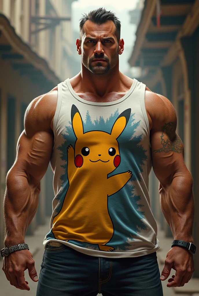 create an adult man sized body tanned skin, short black hair with receding hairline , round nose, strong arms with podemon shirt