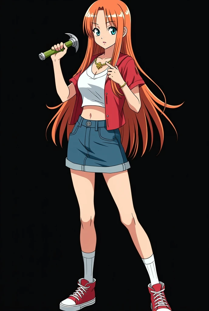 A full-body image of a teenage girl named Hana Watanabe, personagem do anime "dragonball z", she is very beautiful, with long, straight, fire-colored hair with two white streaks highlighted in the front, framing your face. She has blue-green eyes and pale skin.. she is a Wiccan, she is in fighting pose. she wears a pentagram necklace, croped, glued skirt, beautiful women's high-top shoes and ¾-long socks, she holds a nail hammer and small nails. It is drawn with Akira Toryama's animation. black backdrop.
