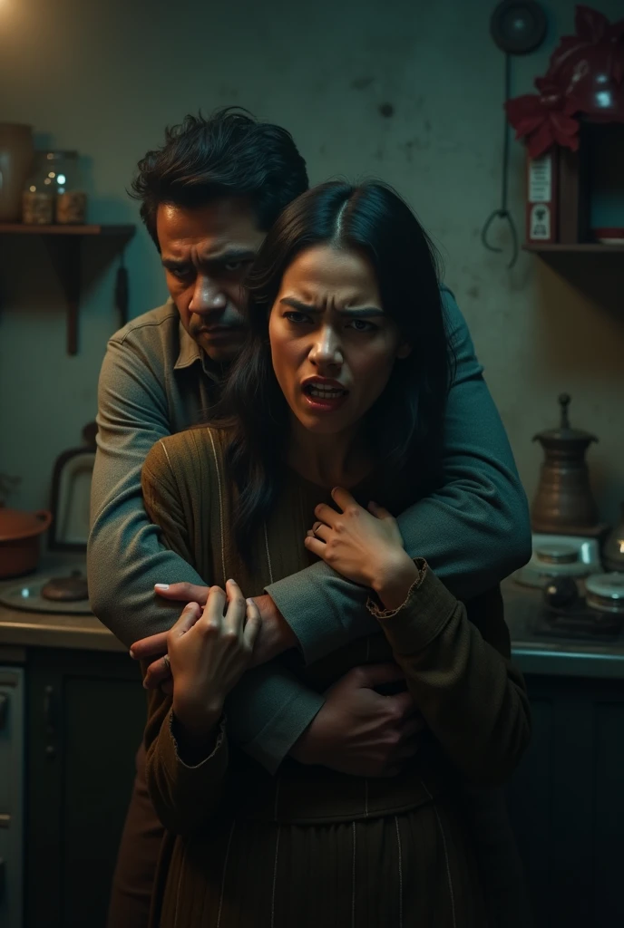 cinematic, photo realistic film poster of a nepali women in anger (fight) tightened by her husband with both his hand from behind, night, kitchen, tension, innocence, Darjeeling, middle class family
