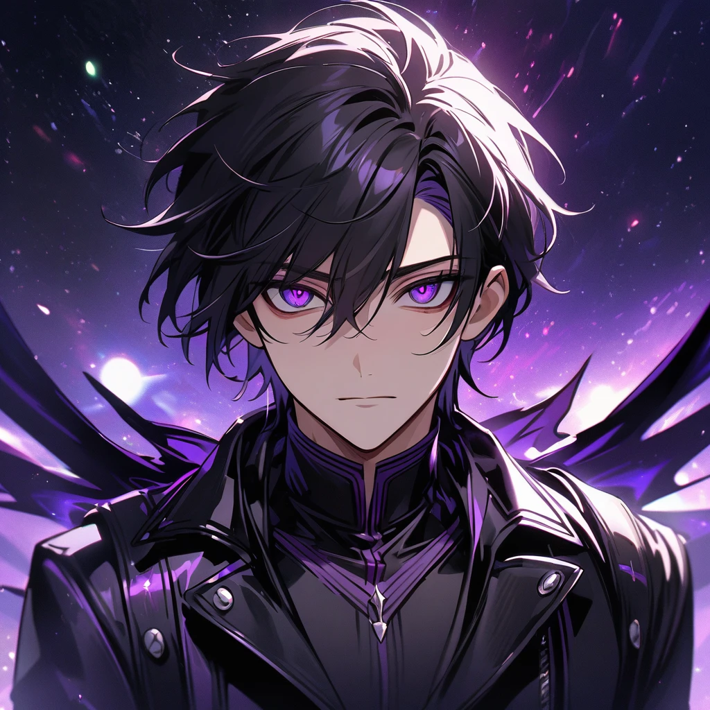 High quality, HD, 4k, no shadows, handsome male, handsome, extremly handsome, 1male, 1 male, ager, pure black hair, short black hair, dark hair, black hair, jet black hair, sharp eyes, deep purple colored eyes, dark purple colored eyes, deep violet eyes, violet eyes, devil may cry, close up, calm expression, stoic expression, black leather clothes, black leather clothing, leather clothing, lean body, well trained body, upper body, looking at viewer, cowboy shot, white solar, space background