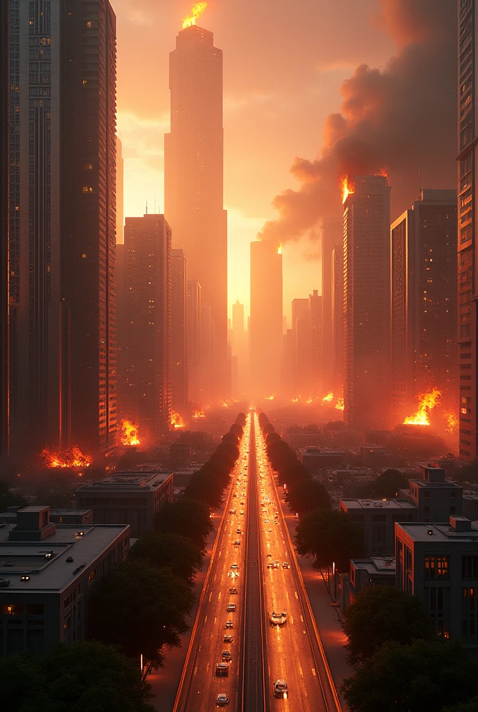 Nairobi future city with long  road and its buildings are partially on fire during the day square images