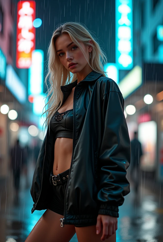 create an influencer,blonde hair,Scandinavian,light eyes,light brown skin, spotty, girl next door,detailed body to face, im Bett, 8k resolution,body should be completely visible,stands in rain in the city,tokyo,neon signs,rain jacket,paouze the head, looks sideways into the camera,in hot pants,cockbocstiefel an,schwaze jacke,Cap on the head