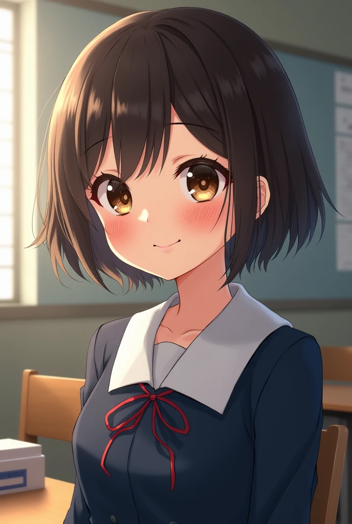 Highest quality, Face Focus, Soft Light, Ultra-high resolution, (Realistic:1.4), RAW Photos, 1 Japanese girl, alone, cute, (A shy smile:0.5), (Brown eyes, Light in your eyes), Beautiful face in every detail, (Small box),(High resolution detail of human skin texture), (Short Bob Hair), break, In the classroom,Navy uniform, Best, skirt