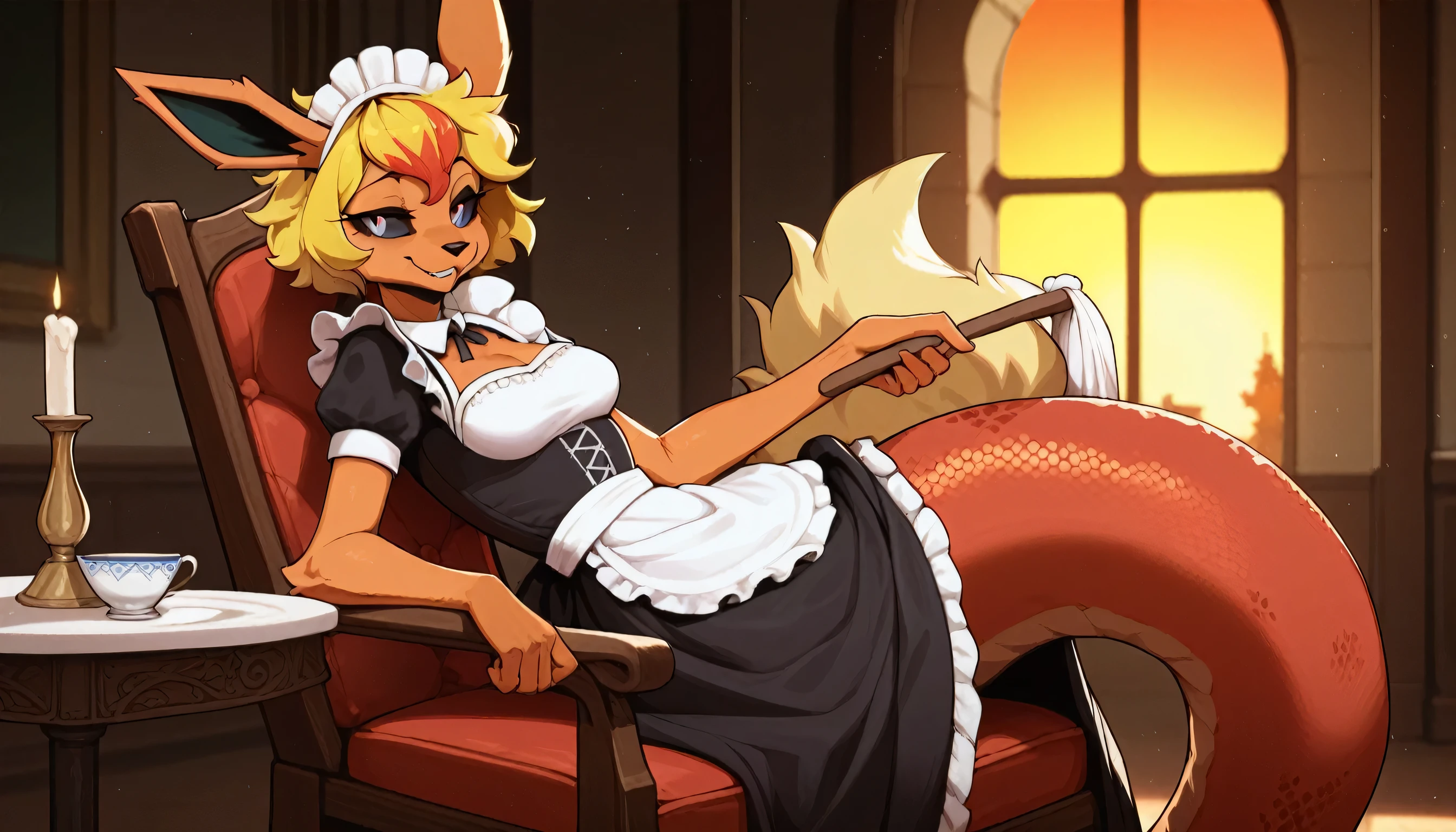 Excited expression, 1girl, anthro, furry, fur, fluffy fur, flareon girl, yellow hair (red highlights), black sclera, white eyes, short hair, Messy hair, (19 years), medium breast, thicc thighs, solo, (bedroom, mansion), sunset, detailed, smug smile, maid outfit, cleaning, score_9, score_8_up, score_7_up, score_6_up, score_5_up, score_4_up, spotted lamia sitting on chair