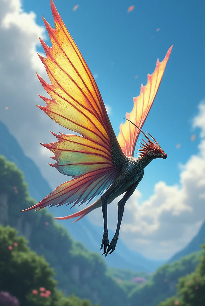 Another fictional creature is this "pavilion". This animal has wings, Like a butterfly, but with longer and sharper feathers. Pavulions can fly long distances and move quickly through the air.. They also have the ability to change the color of their feathers., to camouflage and hide from predators.